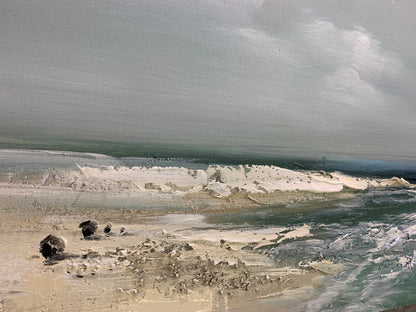 Sandy Beach – Blue and White Beach Seascape Wall Art | Abstract Oil Painting, view 3