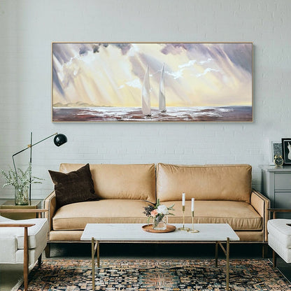 May include: A painting of two white sailboats on a body of water with a yellow and purple sky. The sky is filled with clouds and rays of light.