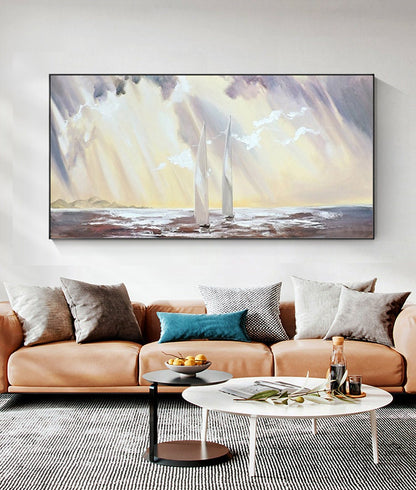 May include: A painting of two white sailboats on a body of water with a cloudy sky. The sun is shining through the clouds, creating a golden glow on the water.