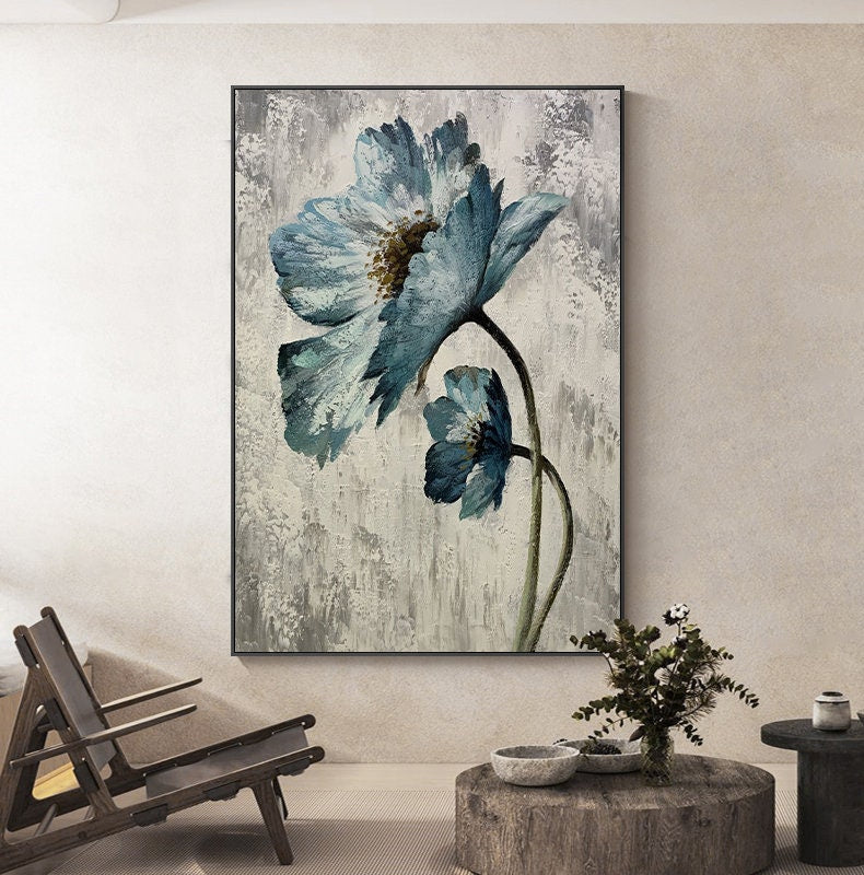 Abstract Flower Oil Painting on Canvas, Original Hand Painted Flower Canvas Art, Modern Textured Floral Wall Art for Living Room, Home Décor