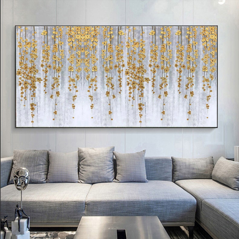 Gold Abstract Impasto Floral Wall Art – Gold Foil Flower Painting on Canvas