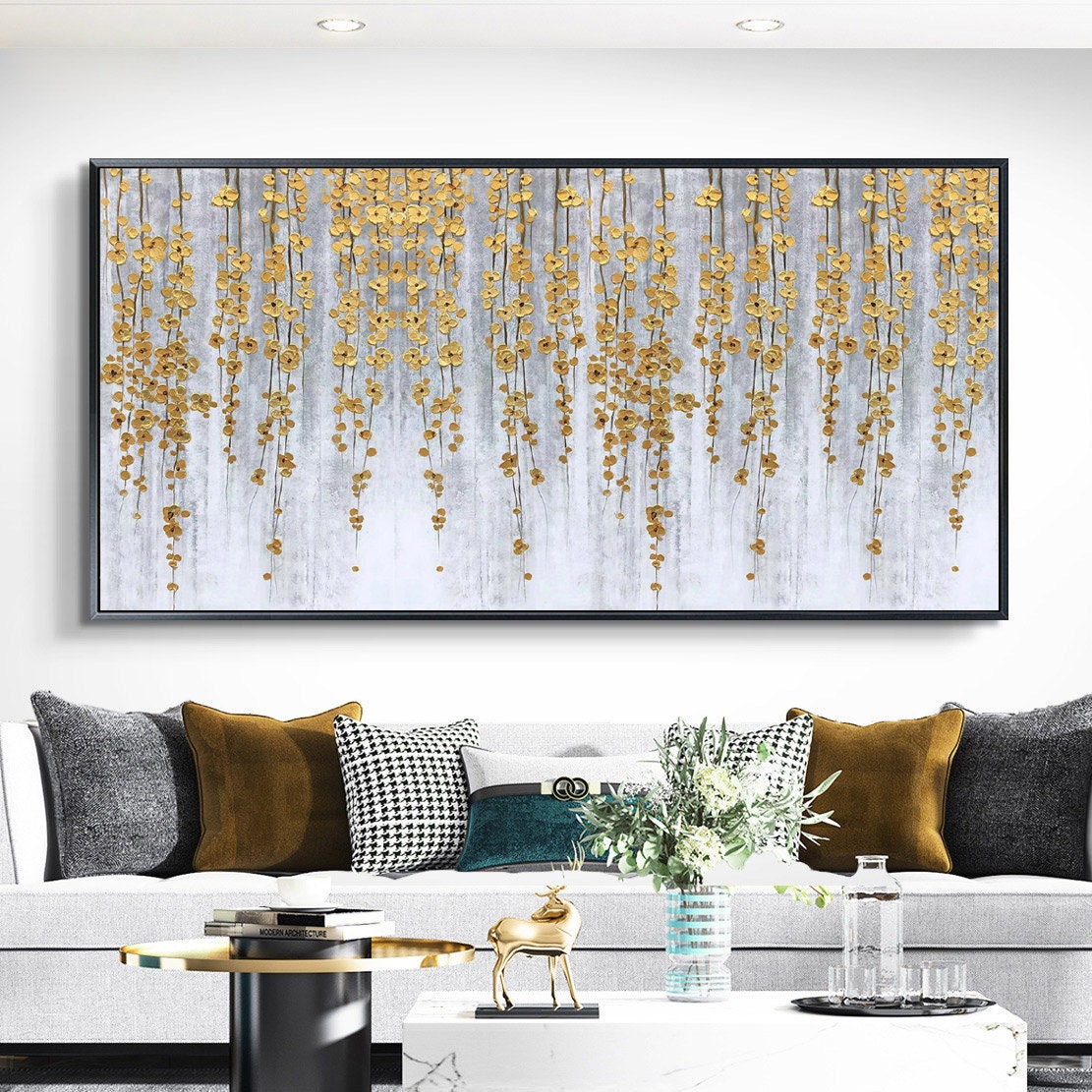 Gold Foil Flower Painting on Canvas, Large Abstract Wall Art – Gold Floral Wall Art | Abstract Impasto Hand-Painted Oil Paint