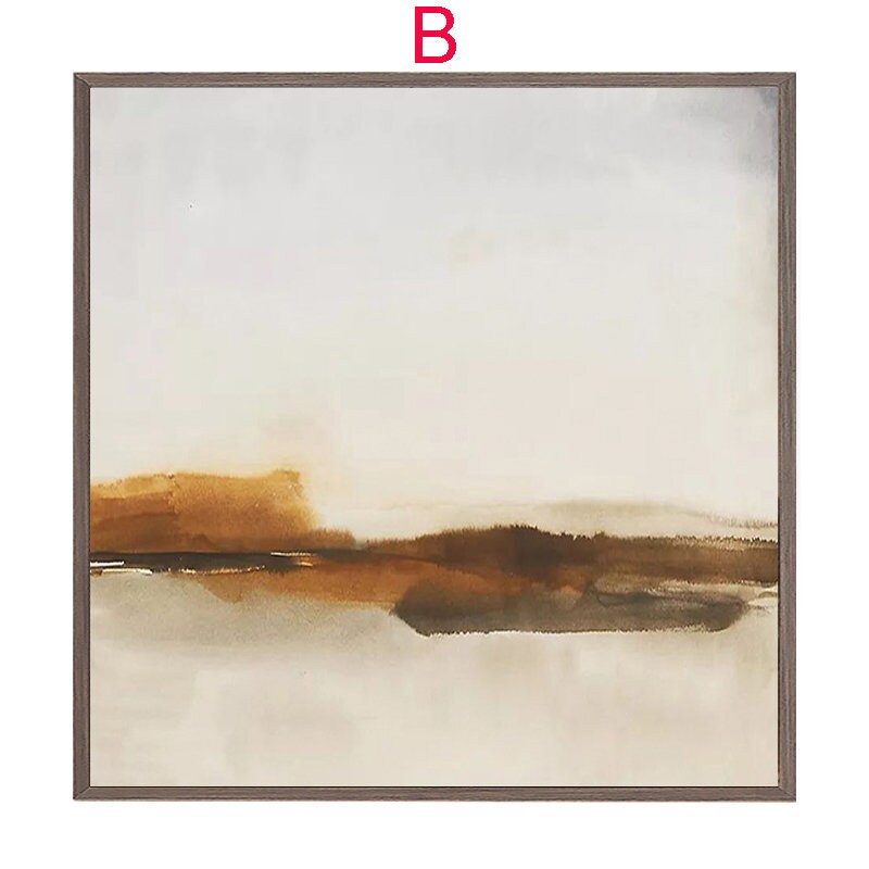 May include: Abstract landscape painting with brown and beige watercolor washes on a white background. The painting is framed in a brown wood frame.