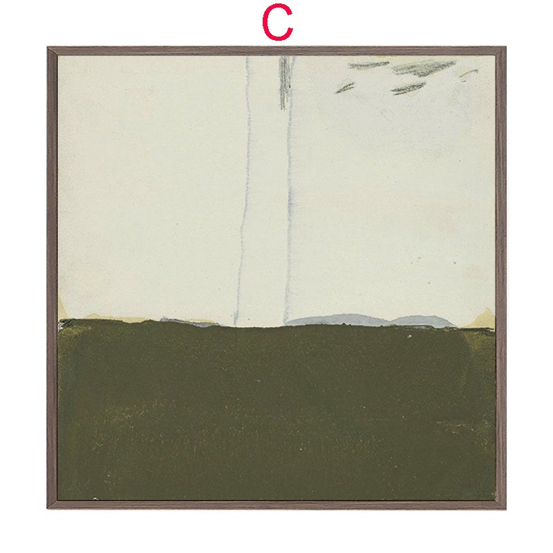 May include: Abstract painting with a light beige background and a dark green bottom section. The painting has a thin, light blue vertical line in the center.