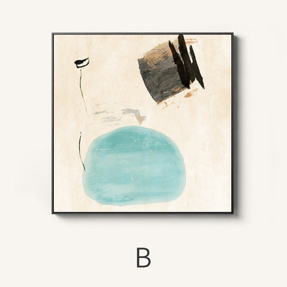 May include: Abstract art print with a blue circle, black and brown shapes, and a white background.