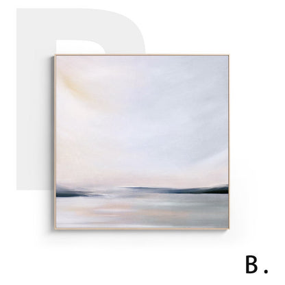 May include: Abstract painting of a seascape with a soft, hazy sky in shades of pink and blue, and a dark blue horizon line. The water is a light blue with hints of pink and white.