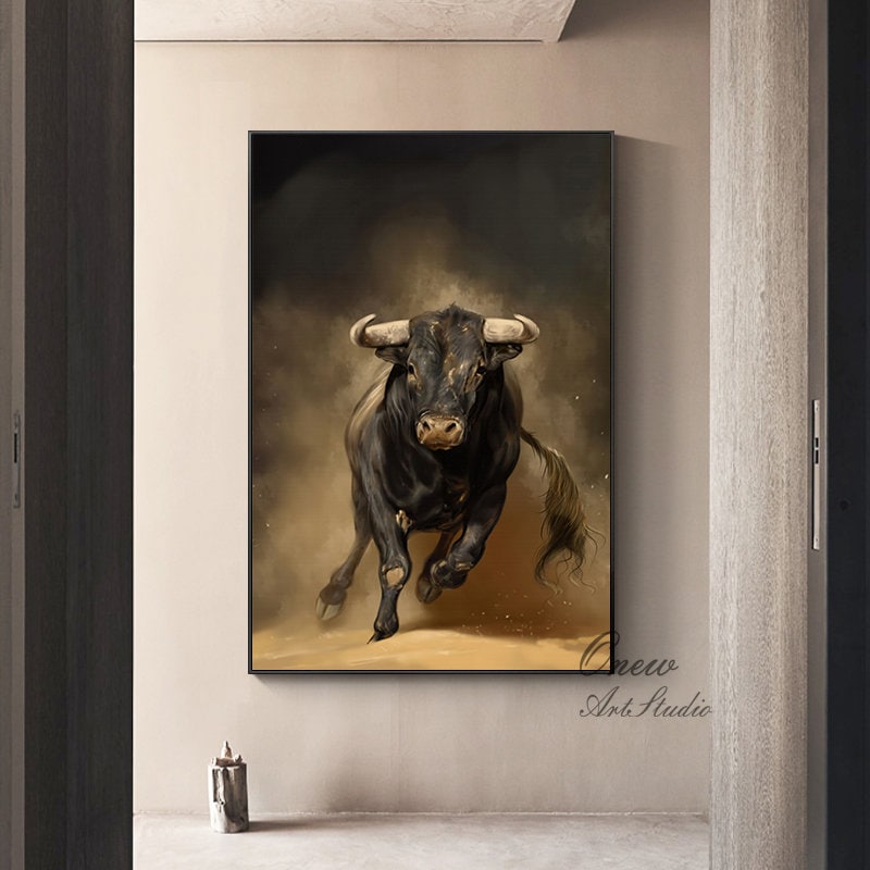 Classical Bull Oil Painting on Canvas, Large Original Bull Canvas Wall Art,Modern Hand-painted Animal Painting for Living Room,Bedroom Decor