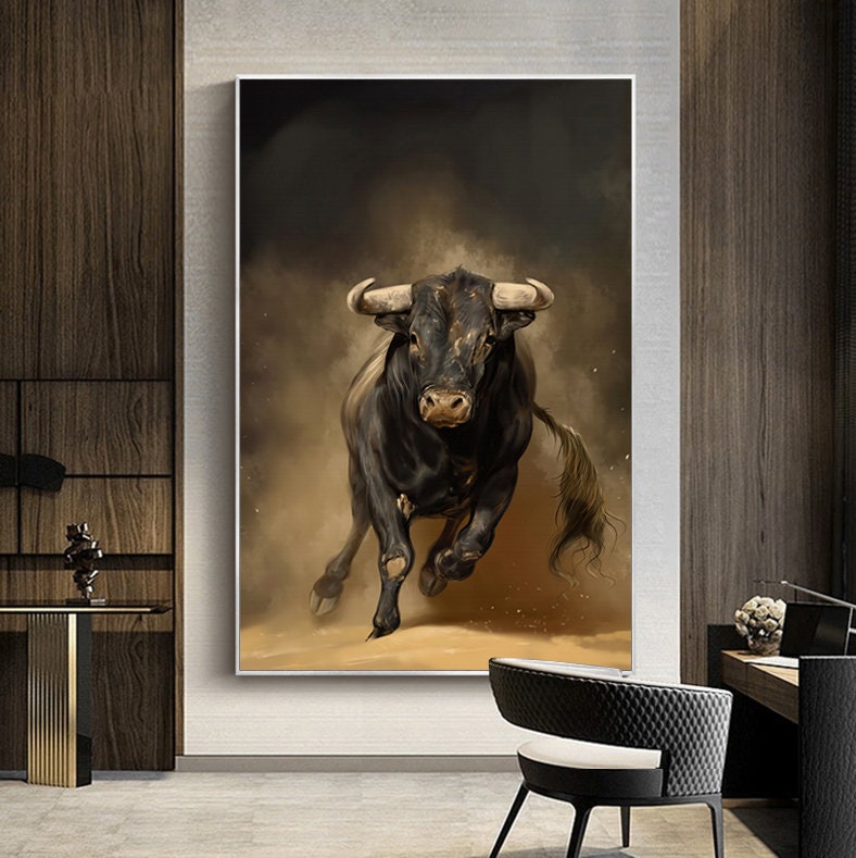 Classical Bull Oil Painting on Canvas, Large Original Bull Canvas Wall Art,Modern Hand-painted Animal Painting for Living Room,Bedroom Decor