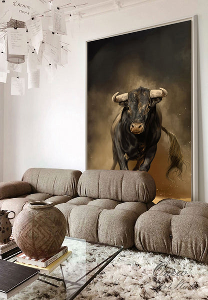 Classical Bull Oil Painting on Canvas, Large Original Bull Canvas Wall Art,Modern Hand-painted Animal Painting for Living Room,Bedroom Decor