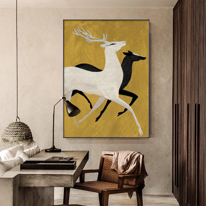 May include: A painting of two deer running on a gold background. The deer are stylized and simplified, with the front deer being white and the back deer being black.
