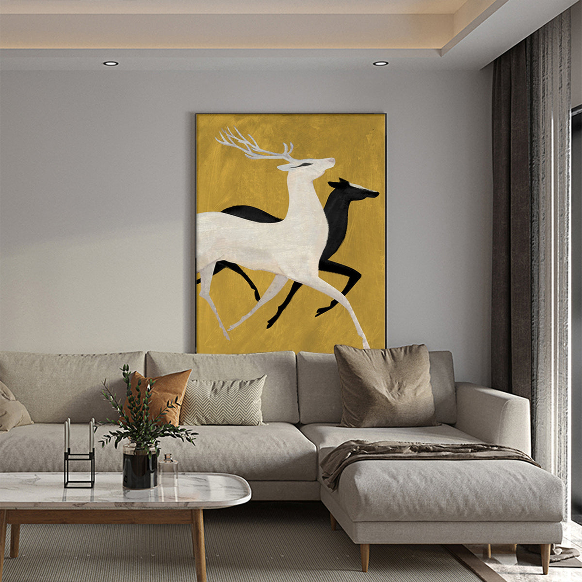 May include: A painting of two deer running on a gold background. The deer are stylized and painted in black and white.