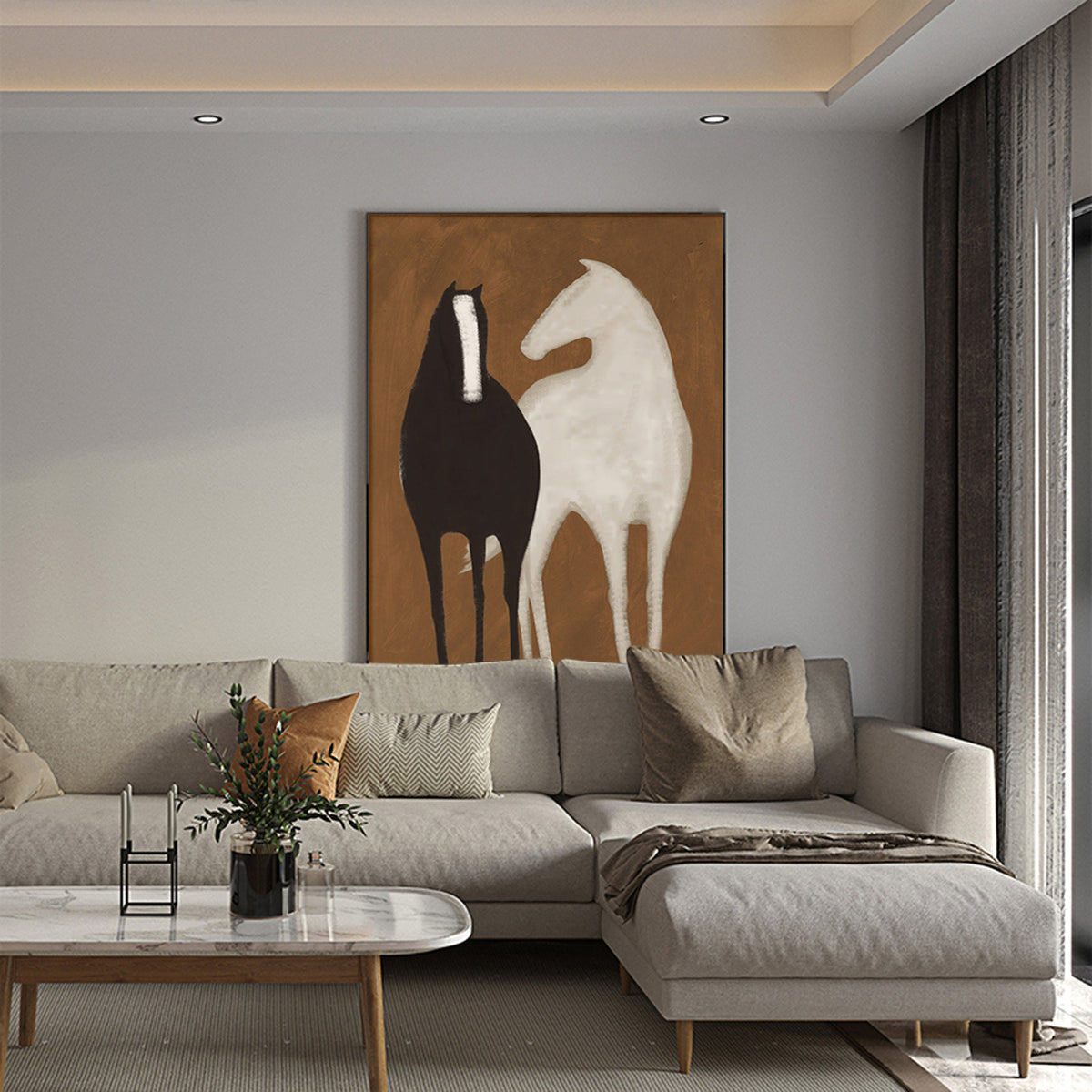 May include: A modern living room interior with a sectional sofa and a coffee table. A painting of two horses, one black and one white, hangs on the wall above the sofa.