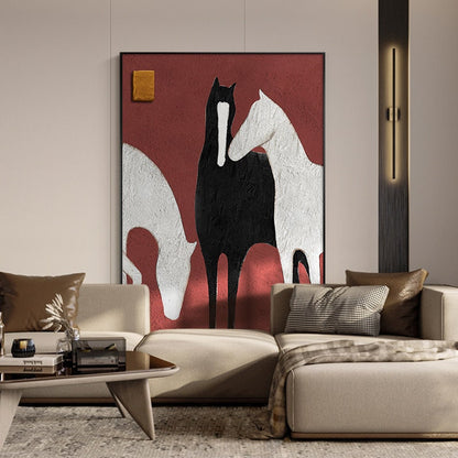 May include: Abstract painting of three horses in black and white on a red background. The horses are stylized and appear to be interacting with each other.