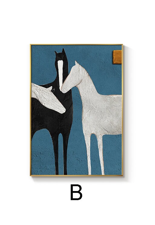 May include: A framed abstract painting of three horses in a blue background. The horses are stylized and have a simple design. The horse on the left is black, the horse in the center is white, and the horse on the right is white.