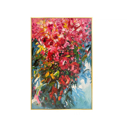 May include: Abstract painting of a bouquet of pink and red flowers with green leaves against a blue background.