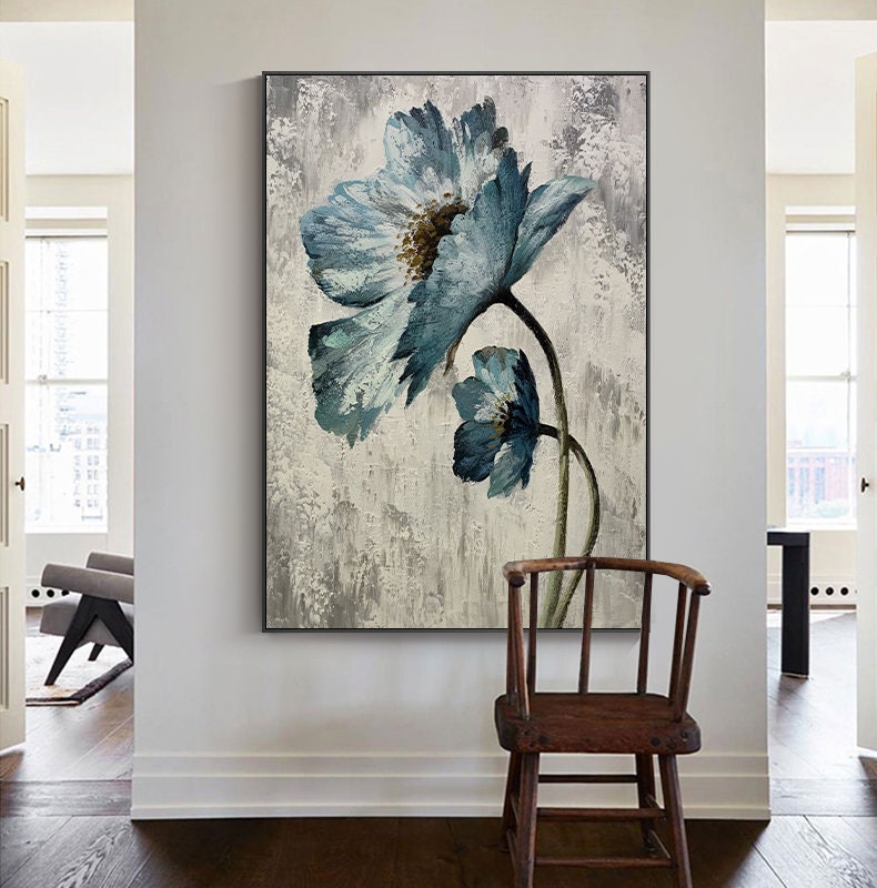 Abstract Flower Oil Painting on Canvas, Original Hand Painted Flower Canvas Art, Modern Textured Floral Wall Art for Living Room, Home Décor