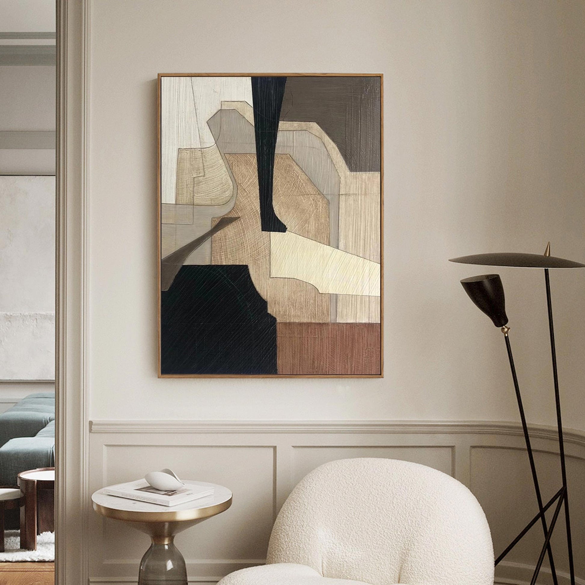 Black Beige Abstract Canvas Painting – Minimalist Wabi-Sabi Wall Art – Abstract Painting