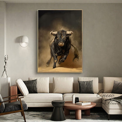 Classical Bull Oil Painting on Canvas, Large Original Bull Canvas Wall Art,Modern Hand-painted Animal Painting for Living Room,Bedroom Decor