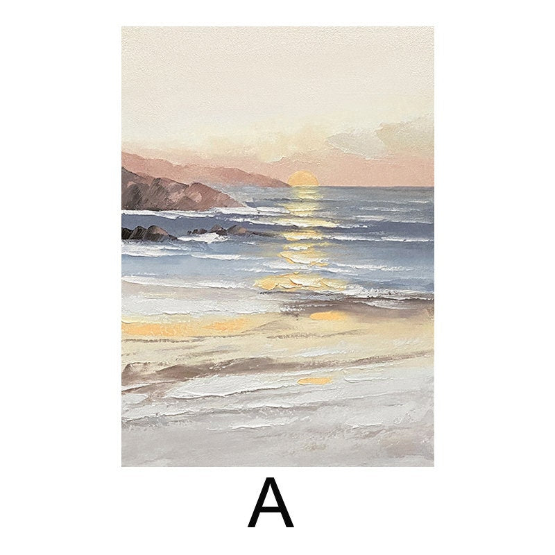 May include: A painting of a seascape with a sunset over the ocean. The sky is a soft pink and orange, and the water is a deep blue. The beach is a light brown, and there are waves crashing on the shore.