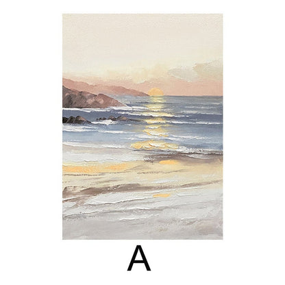 May include: A painting of a seascape with a sunset over the ocean. The sky is a soft pink and orange, and the water is a deep blue. The beach is a light brown, and there are waves crashing on the shore.