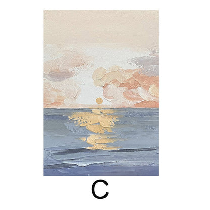 May include: Abstract painting of a sunset over the ocean. The sky is a soft pink and orange, with fluffy clouds. The ocean is a deep blue, with a golden reflection of the sun.