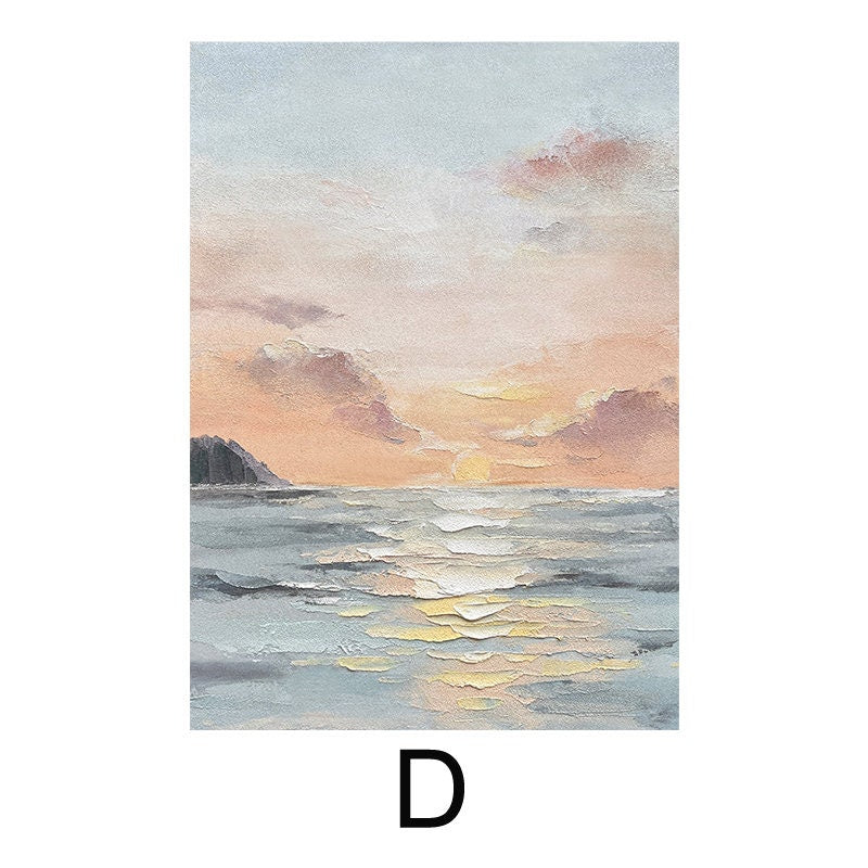 May include: A painting of a seascape with a sunset over the ocean. The sky is a soft pink and orange, and the water is a light blue. There are clouds in the sky, and the sun is setting behind them.