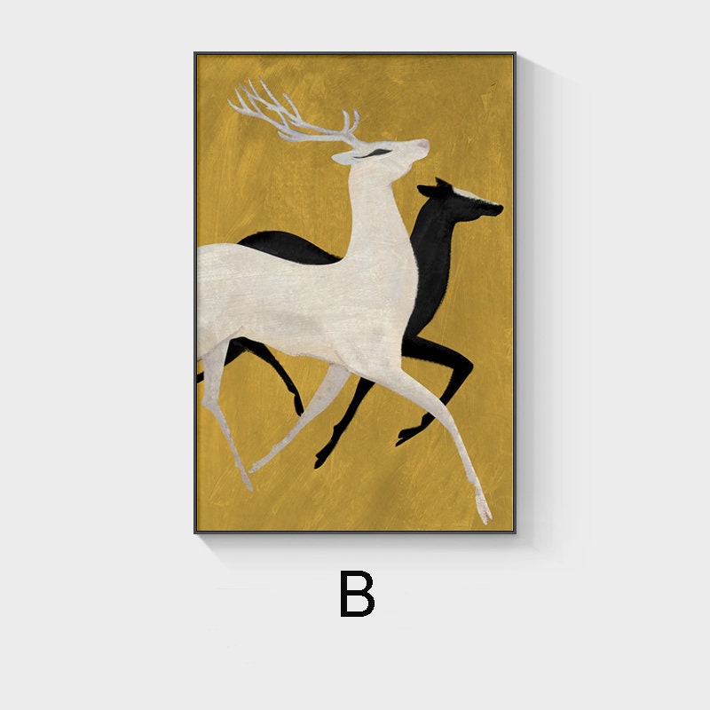 May include: A white deer with antlers runs to the right, followed by a black deer. The background is a gold color.