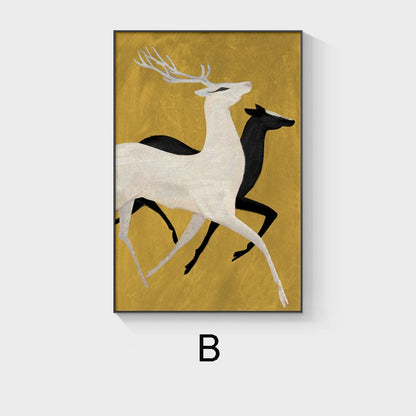 May include: A white deer with antlers runs to the right, followed by a black deer. The background is a gold color.