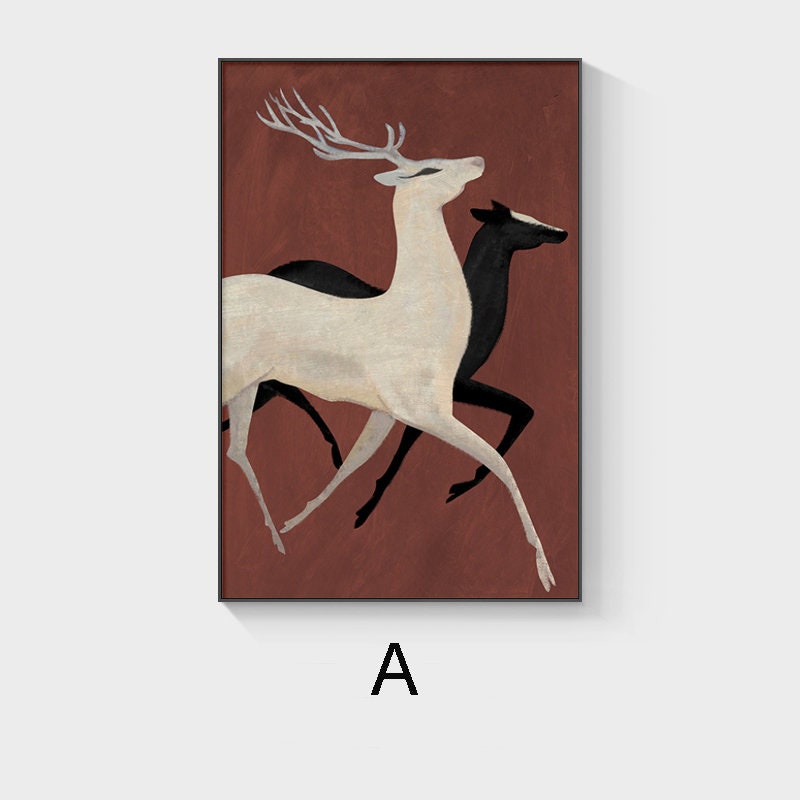 May include: A painting of two deer running. The deer in the foreground is white with antlers and the deer in the background is black. The background is a reddish-brown color.
