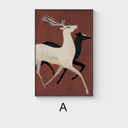 May include: A painting of two deer running. The deer in the foreground is white with antlers and the deer in the background is black. The background is a reddish-brown color.