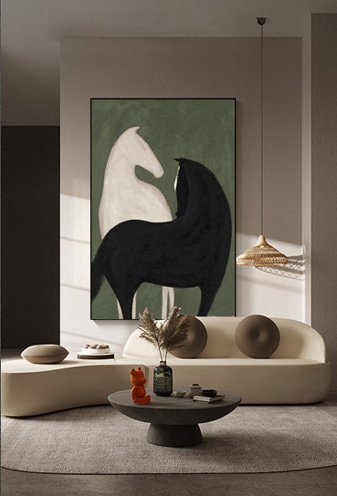 May include: Abstract painting of two horses, one black and one white, against a green background. The horses are in a stylized pose, with the black horse in front of the white horse.