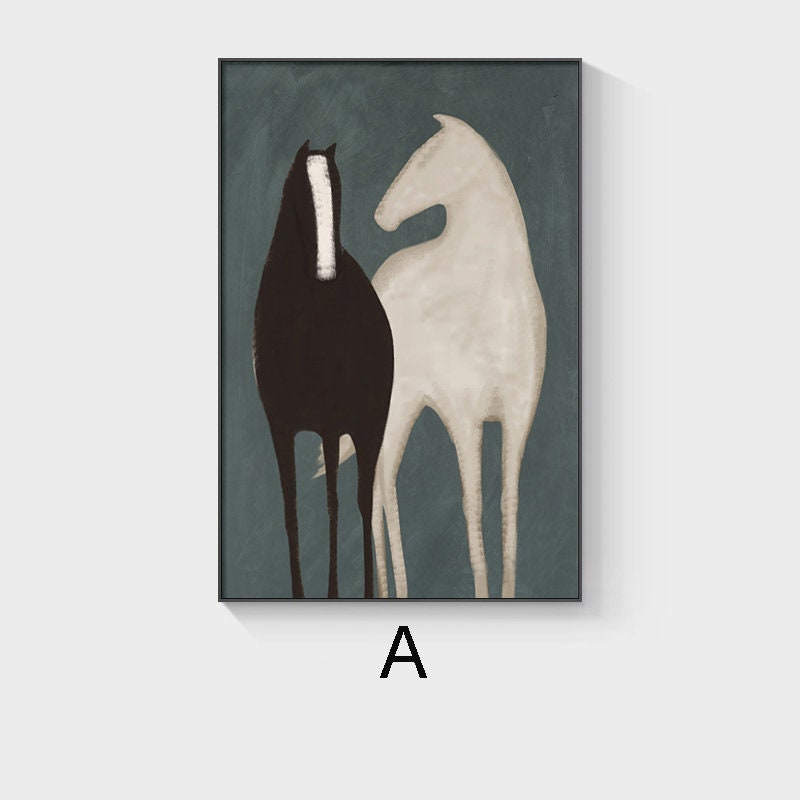 May include: Abstract painting of two horses, one black and one white, standing side by side on a blue background.