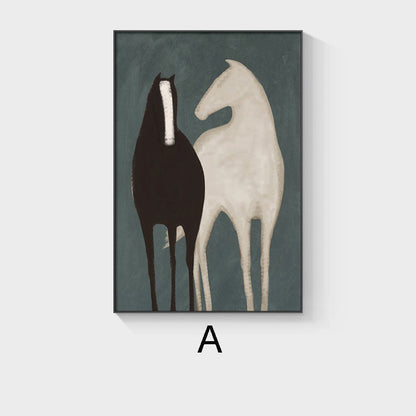 May include: Abstract painting of two horses, one black and one white, standing side by side on a blue background.