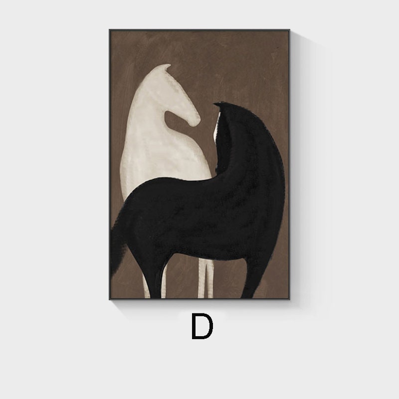 May include: Abstract painting of two horses, one white and one black, against a brown background.
