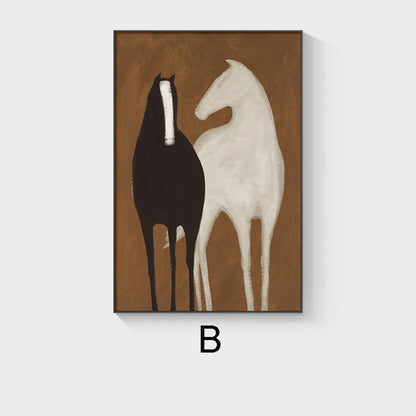 May include: Abstract painting of two horses, one black and one white, on a brown background.