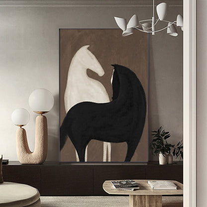May include: Abstract painting of two horses, one white and one black, on a brown background.