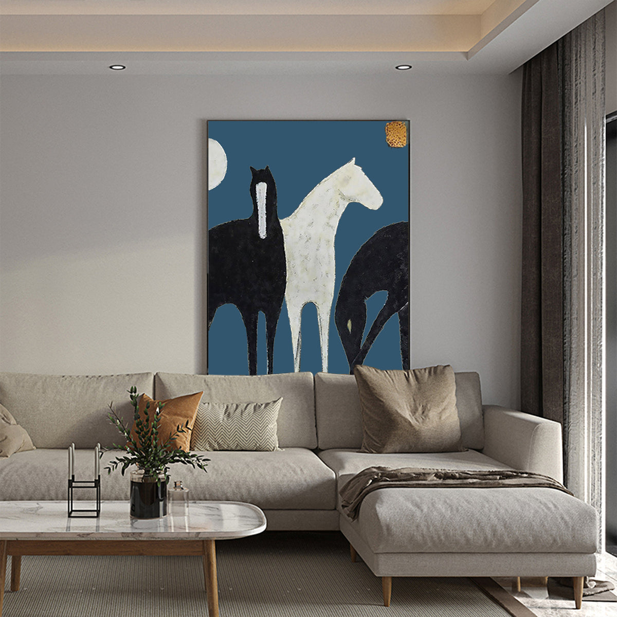 Abstract Black and White Horses Oil Painting on Canvas, Large Original Horse Canvas Wall Art, Modern Animal Painting for Living Room Bedroom