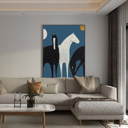 Abstract Black and White Horses Oil Painting on Canvas, Large Original Horse Canvas Wall Art, Modern Animal Painting for Living Room Bedroom