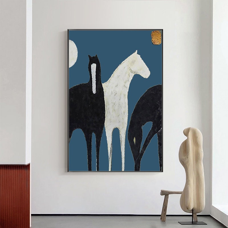 Abstract Black and White Horses Oil Painting on Canvas, Large Original Horse Canvas Wall Art, Modern Animal Painting for Living Room Bedroom