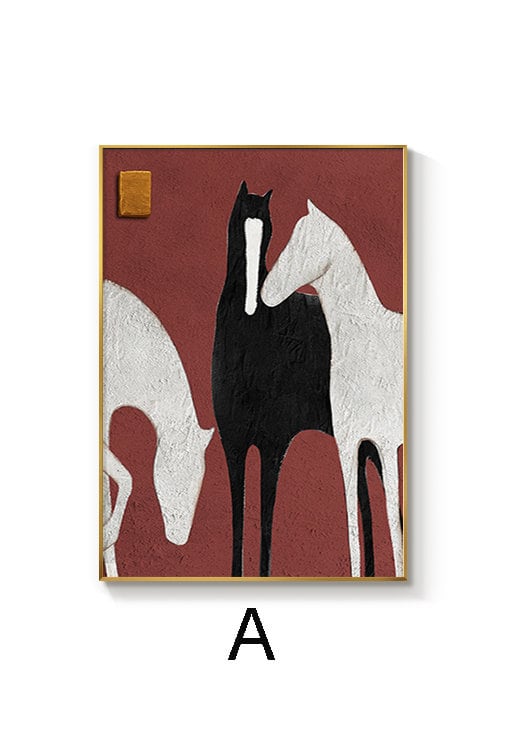 May include: Abstract painting of three horses in black, white, and red on a red background. The horses are stylized and simplified, with a geometric look.