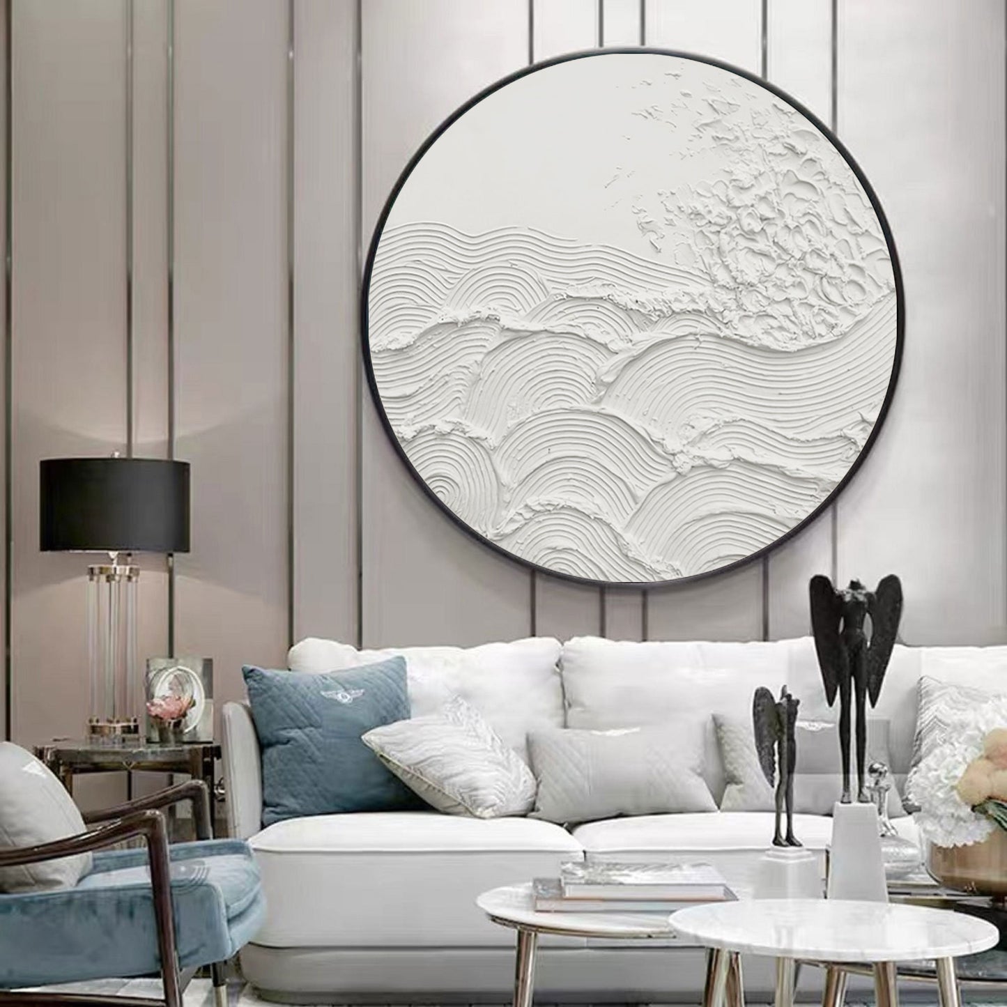 White 3D Textured Circle Painting – Minimal Abstract Wall Art – Abstract Painting