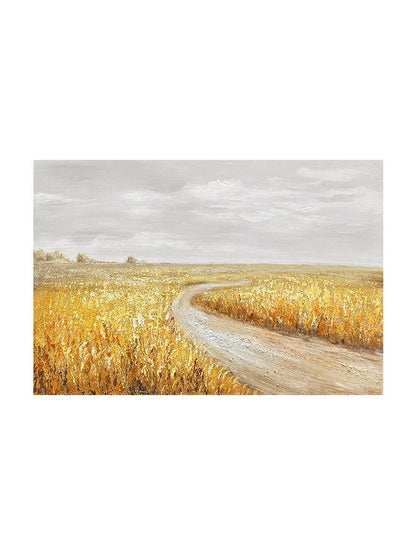 May include: A painting of a winding dirt road through a field of golden wheat under a cloudy sky.