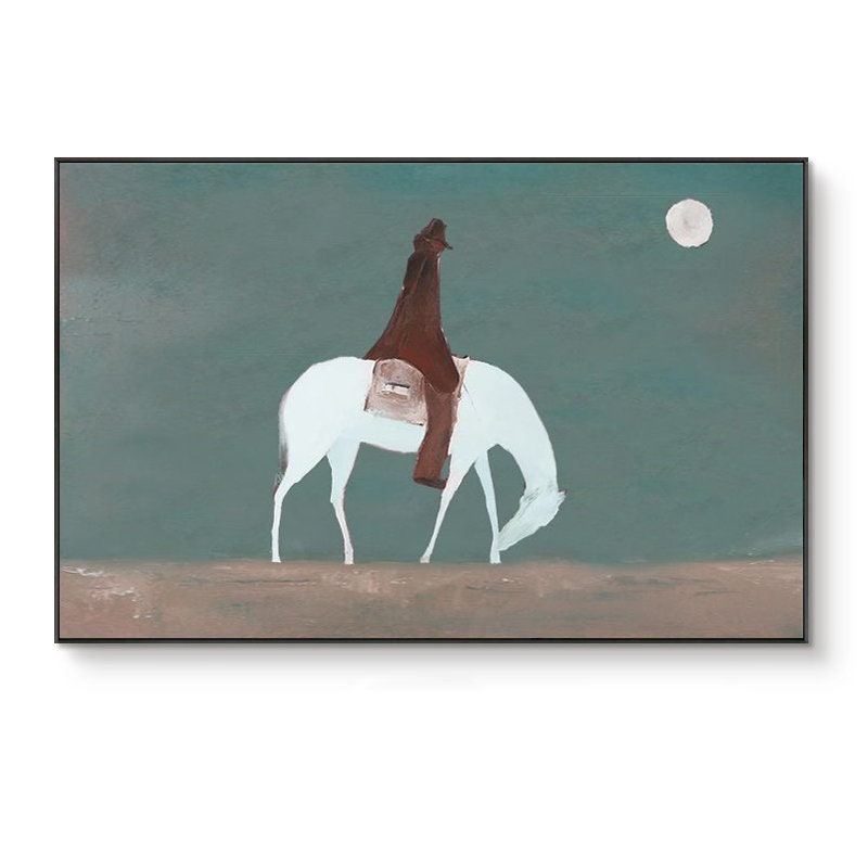 Abstract Horse Riding Oil Painting on Canvas, Original White Horse at Moonlit Night Canvas Wall Art,abstract Cowboy Painting for Living Room