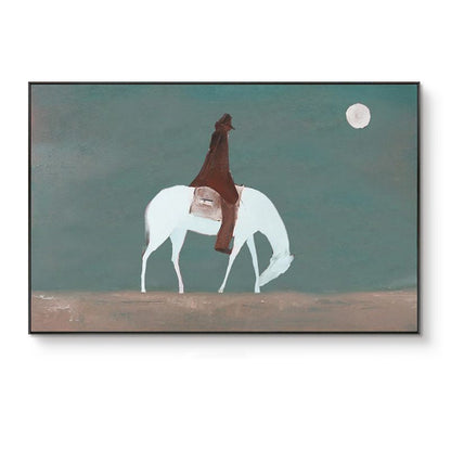 Abstract Horse Riding Oil Painting on Canvas, Original White Horse at Moonlit Night Canvas Wall Art,abstract Cowboy Painting for Living Room