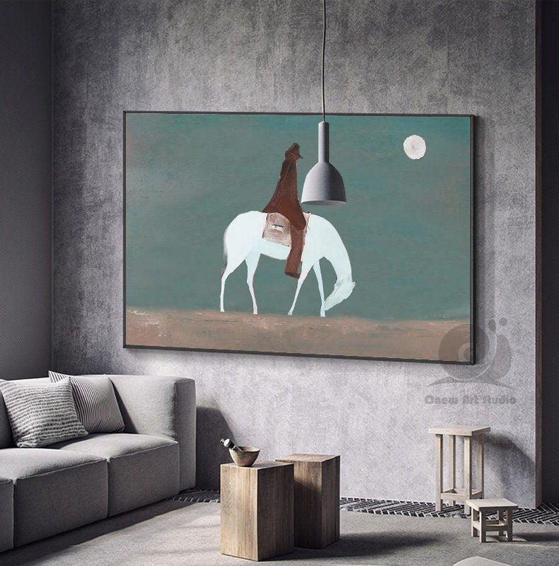 Abstract Horse Riding Oil Painting on Canvas, Original White Horse at Moonlit Night Canvas Wall Art,abstract Cowboy Painting for Living Room