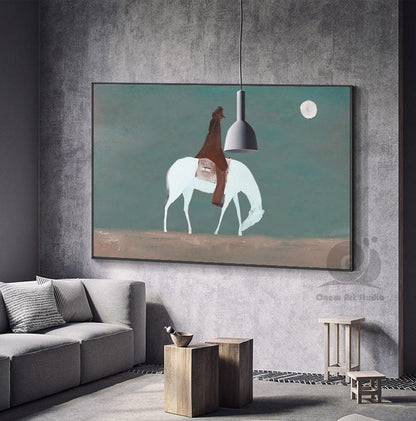 Abstract Horse Riding Oil Painting on Canvas, Original White Horse at Moonlit Night Canvas Wall Art,abstract Cowboy Painting for Living Room