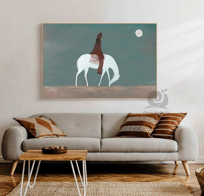 Abstract Horse Riding Oil Painting on Canvas, Original White Horse at Moonlit Night Canvas Wall Art,abstract Cowboy Painting for Living Room