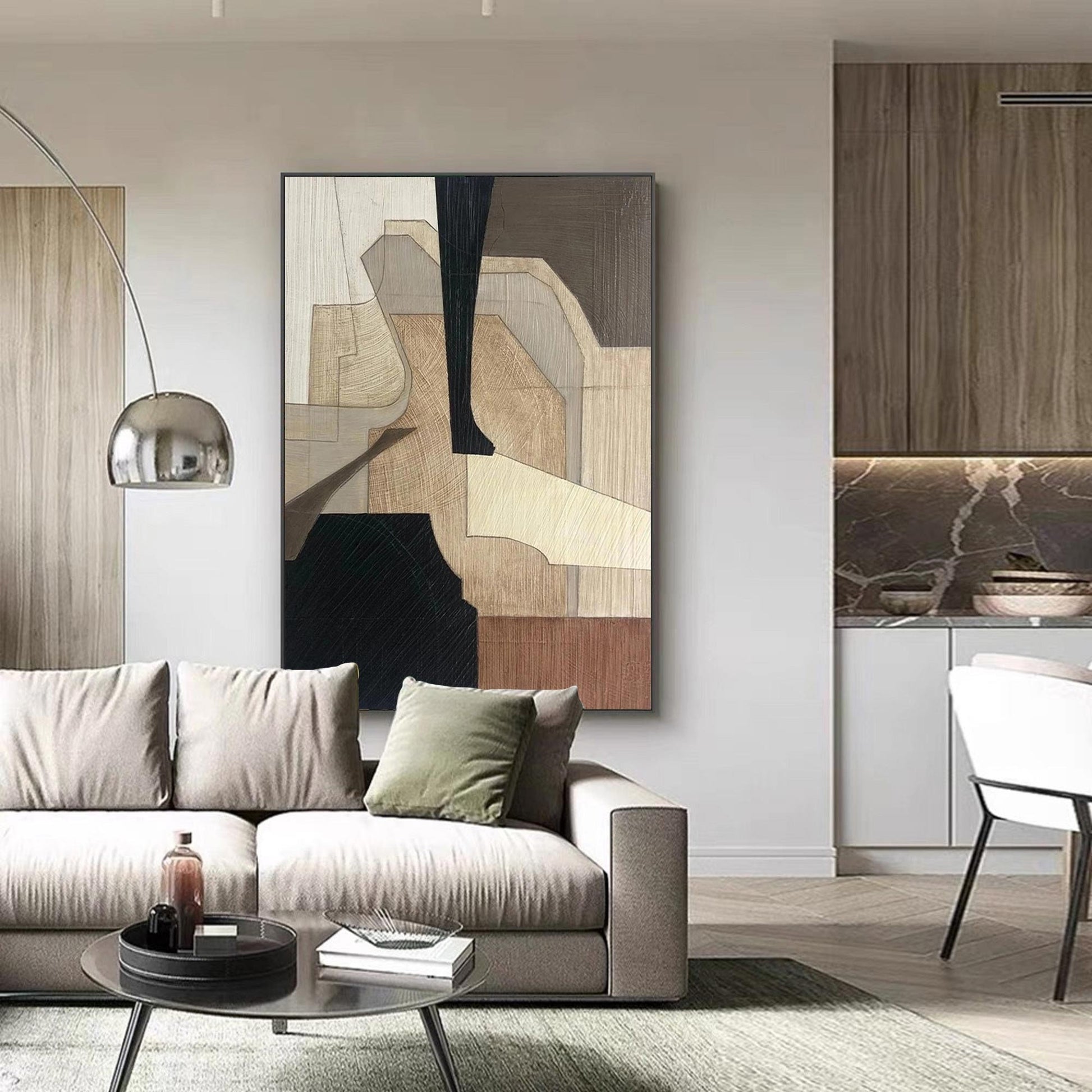 Black Beige Abstract Canvas Painting – Minimalist Wabi-Sabi Wall Art – Abstract Painting