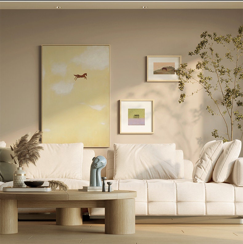 Large Abstract Cream Canvas Wall Art, Original Horse and Clouds Oil Painting on Canvas, Modern Minimalist Wall Art for Living Room Bedroom