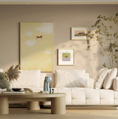Large Abstract Cream Canvas Wall Art, Original Horse and Clouds Oil Painting on Canvas, Modern Minimalist Wall Art for Living Room Bedroom